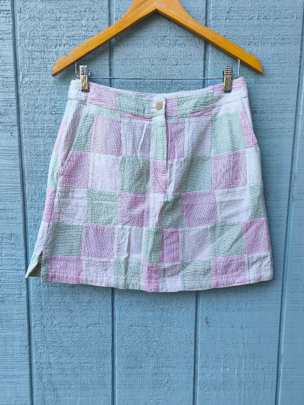 Izod Golf Seersucker Patchwork Skort sz 6 Green Pink Tennis Preppy Country Club